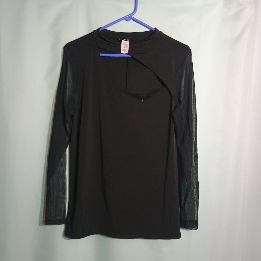 Women’s Black Sheer Mesh Long Sleeve Top – Cutout Mock Neck Blouse